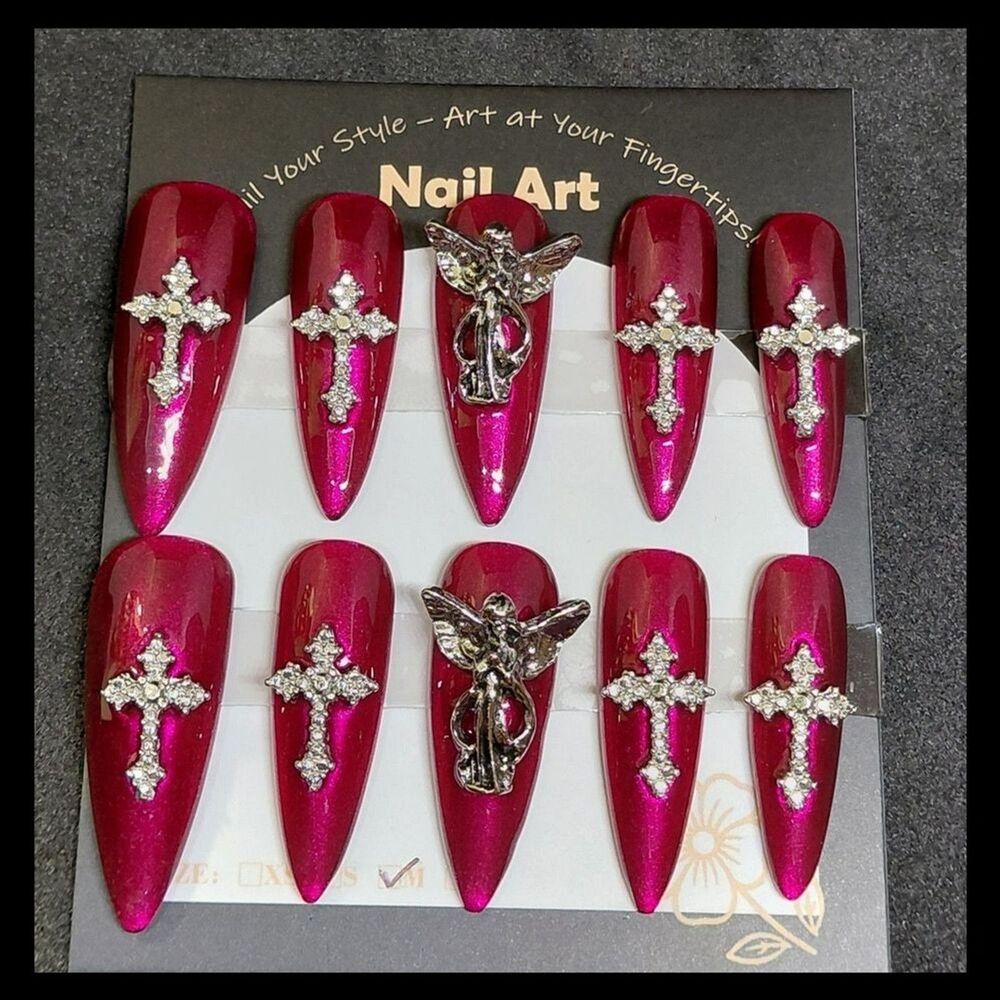 4/$40 ***Summer Sale***Red Handmade Gel Press-On Nails with Cross Design